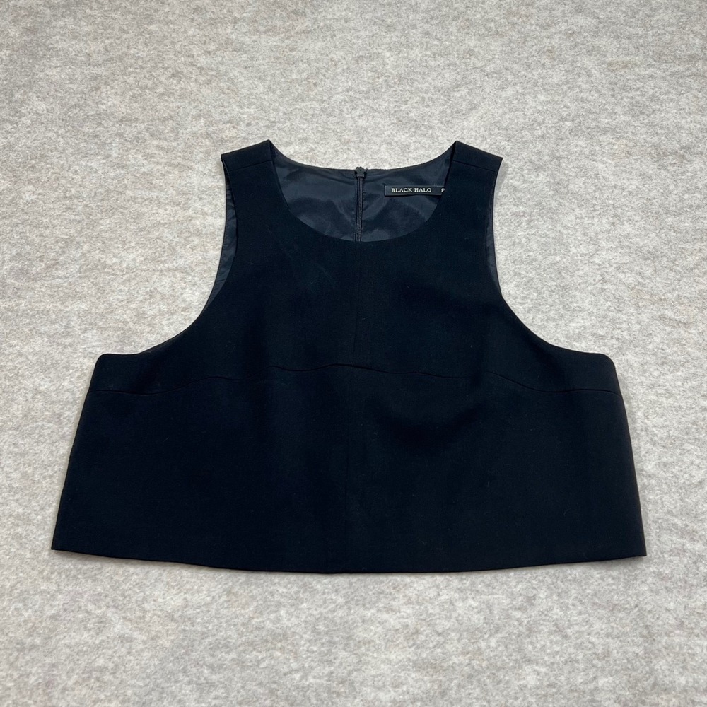 Black Halo Womens Sleeveless Crop Top Black Sz 8 Round Neck Zip Back Blouse GUC